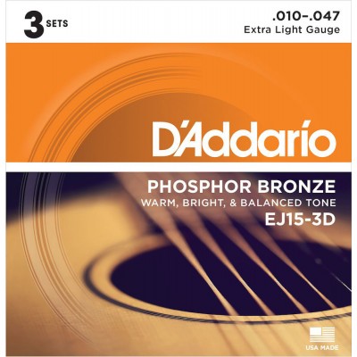 ej15-3d phosphor bronze extra light 10-47 pack de 3