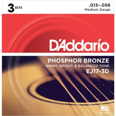 PHOSPHOROUS BRONZE STRINGS FOR ACOUSTIC GUITAR EJ17-3D MEDIUM 13-56 3-PLAYERS