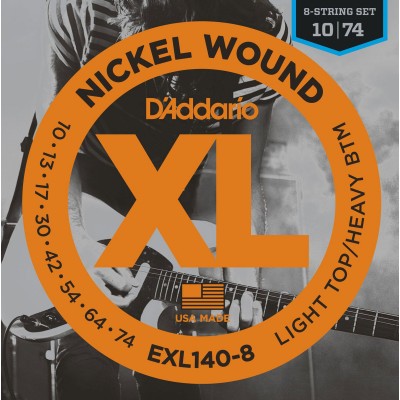 D'ADDARIO AND CO EXL140-8 8-STRING NICKEL WOUND ELECTRIC GUITAR STRINGS LIGHT TOP/HEAVY BOTTOM 10-74