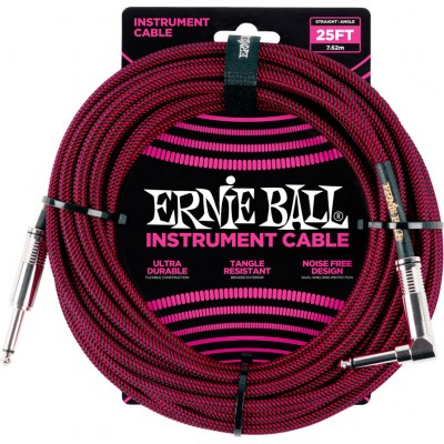 Ernie Ball Cables Instrument Gaine Tissee Jack/jack Coude7,62m Noir Et Rouge