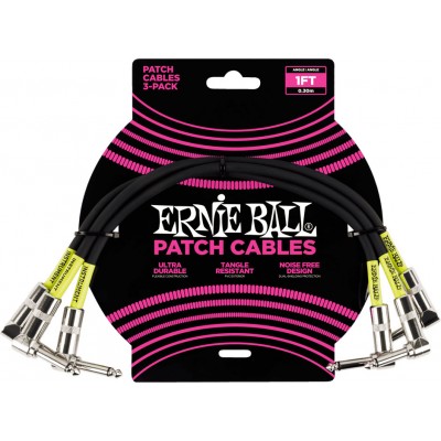 Ernie Ball Cables Instrument Patch Pack De 3 Coude 30cm Noir