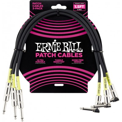 Ernie Ball Cables Instrument Patch Pack De 3 Droit/coude 46cm Noir