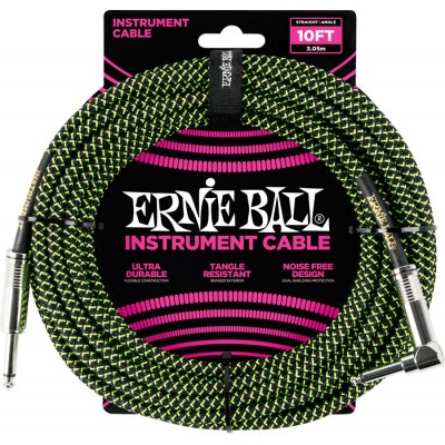 ERNIE BALL INSTRUMENT CABLES WOVEN SHEATH JACK/JACK ANGLED 3M BLACK/GREEN