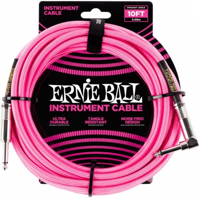 Ernie Ball Cables Instrument Gaine Tissée Jack/jack Coudé 3m Rose Fluo