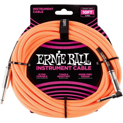ERNIE BALL INSTRUMENT CABLES WOVEN SHEATH JACK/JACK ANGLED 3M ORANGE