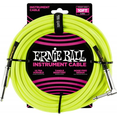 Ernie Ball Cables Instrument Gaine Tisse Jack/jack Coud 3m Jaune Fluo