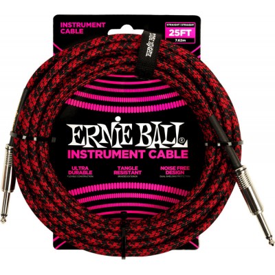 ERNIE BALL 7.62M JACK MONO MALE TO JACK MONO MALE RED AND BLACK