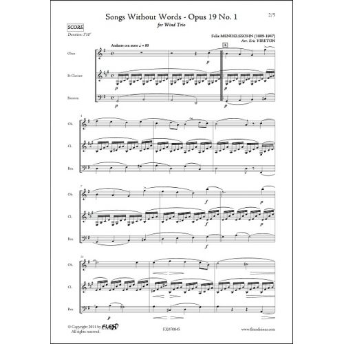 FLEX EDITIONS MENDELSSOHN F. - SONGS WITHOUT WORDS OP. 19 NO. 1 - WIND TRIO