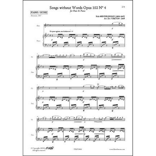 FLEX EDITIONS MENDELSSOHN F. - ROMANCES SANS PAROLES OPUS 102 NO. 4 - FLUTE & PIANO