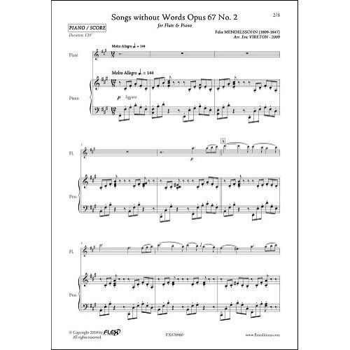 FLEX EDITIONS MENDELSSOHN F. - ROMANCES SANS PAROLES OPUS 67 NO. 2 - FLUTE & PIANO