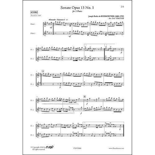 FLEX EDITIONS BOISMORTIER J.B. - SONATE OPUS 13 NO. 1 - DUO DE FLUTES