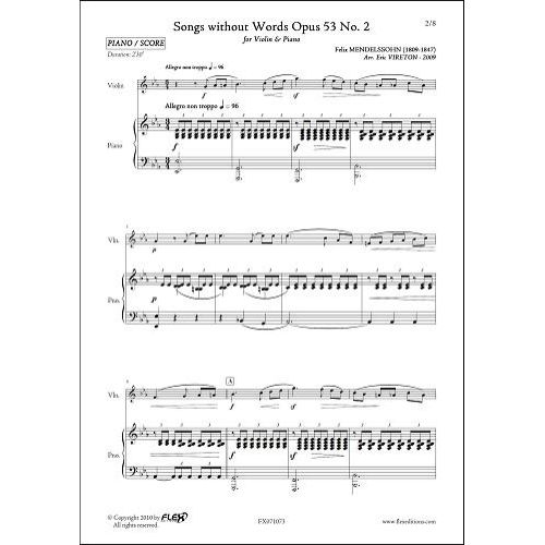 FLEX EDITIONS MENDELSSOHN F. - SONGS WITHOUT WORDS OPUS 53 NO 2 - VIOLIN AND PIANO