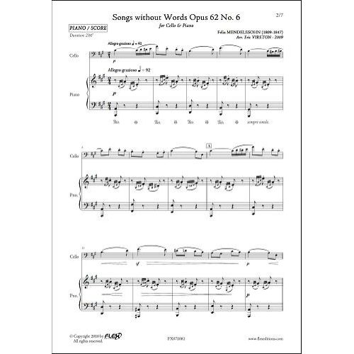 FLEX EDITIONS MENDELSSOHN F. - SONGS WITHOUT WORDS OPUS 62 NO 6 - CELLO AND PIANO