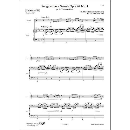 FLEX EDITIONS MENDELSSOHN F. - ROMANCES SANS PAROLES OPUS 67 NO. 1 - CLARINETTE & PIANO