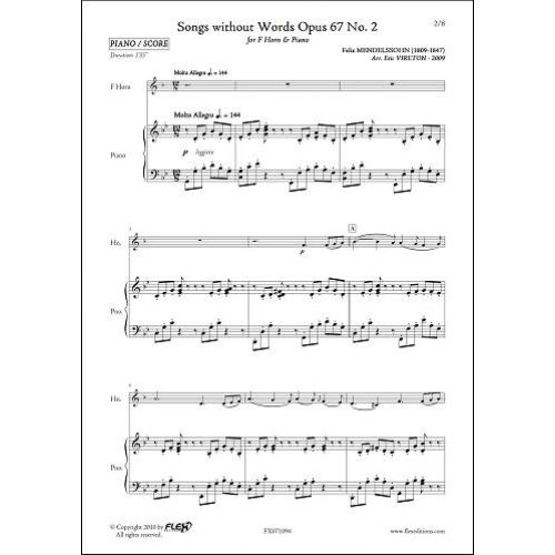 FLEX EDITIONS MENDELSSOHN F. - ROMANCES SANS PAROLES OPUS 67 NO 2 - COR ET PIANO