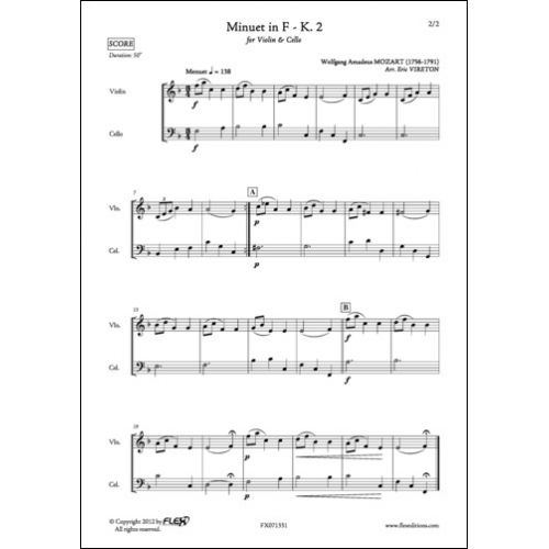 FLEX EDITIONS MOZART W. A. - MINUET IN F - K. 2 - VIOLIN AND CELLO DUET