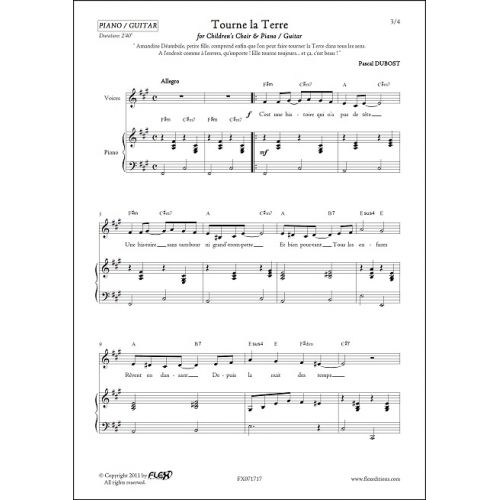 FLEX EDITIONS DUBOST P. - TOURNE LA TERRE - CHORALE D'ENFANTS ET PIANO OU GUITARE