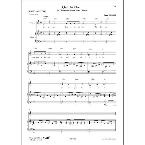 FLEX EDITIONS DUBOST P. - QUI DIT NON - CHILDREN'S CHOIR AND PIANO OR GUITAR