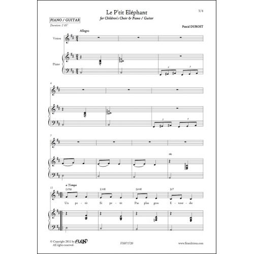 FLEX EDITIONS DUBOST P. - LE P'TIT ELEPHANT - CHORALE D'ENFANTS ET PIANO OU GUITARE
