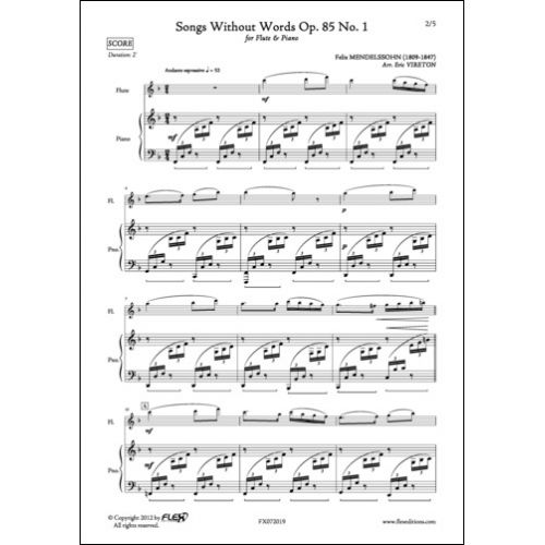 FLEX EDITIONS MENDELSSOHN F. - ROMANCES SANS PAROLES OPUS 85 NO. 1 - FLUTE ET PIANO