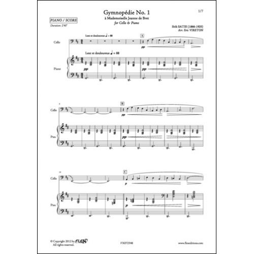 FLEX EDITIONS SATIE E. - 3 GYMNOPEDIES - VIOLONCELLE ET PIANO