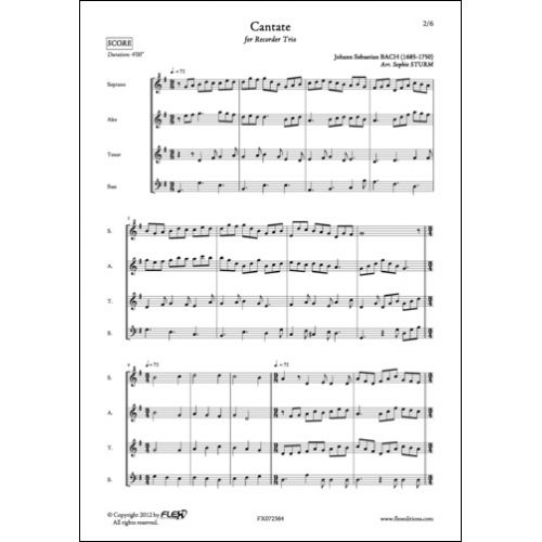 FLEX EDITIONS BACH J. S. - CANTATE - QUATUOR DE FLUTES A BEC
