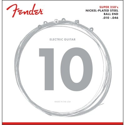 FENDER SUPER 250 GUITAR STRINGS, NICKEL PLATED STEEL, BALL END, 250R GAUGES .010-.046, (6)