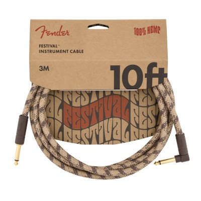 10' Angled Festival Instrument Cable, Pure Hemp, Brown Stripe