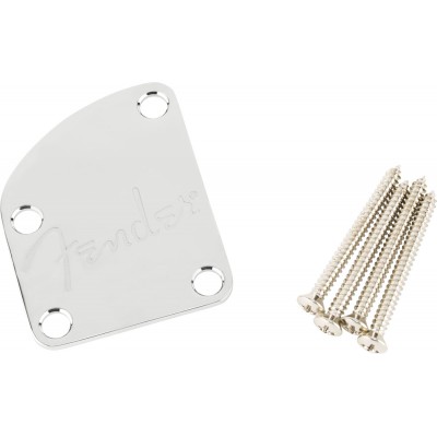 FENDER 4-BOLT DELUXE CONTOURED NECK PLATE W/LOGO, (CHROME)