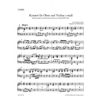 BARENREITER Bach J.S. - Concerto En Do Mineur Pour Hautbois BWV 1060 - Continuo