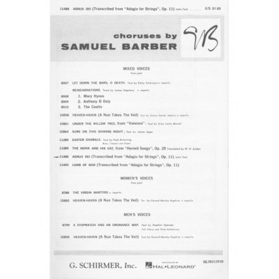 BARBER S. - AGNUS DEI (ADAGIO FOR STRINGS) - CHOEUR SATB