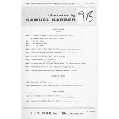 BARBER S. - AGNUS DEI (ADAGIO FOR STRINGS) - CHOEUR SATB