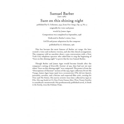 BARBER SAMUEL - SURE ON THE SHINING NIGHT OP.13 N°3 - SATB and PIANO