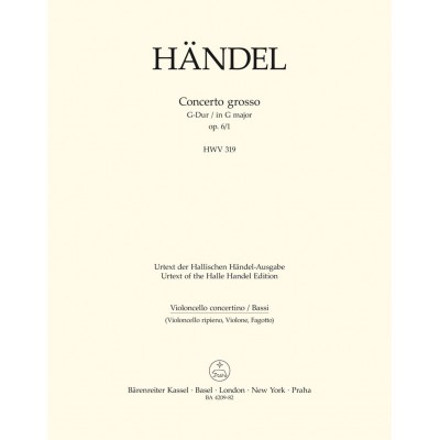 HNDEL G. F. - CONC. GROSSO OP.6/1 G-DUR - CELLO SOLO,TUTTI, KB, FANFARE