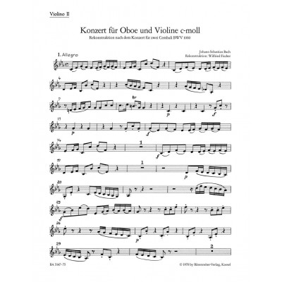 BACH J.S. - CONCERTO EN DO MINEUR POUR HAUTBOIS BWV 1060 - VIOLON 2 