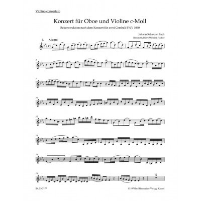 BARENREITER BACH J.S. - CONCERTO EN DO MINEUR POUR HAUTBOIS BWV 1060 - VIOLON SOLO 