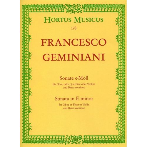  Geminiani F. - Sonate En Mi Mineur - Hautbois Ou Flute Ou Violon, Basse Continue