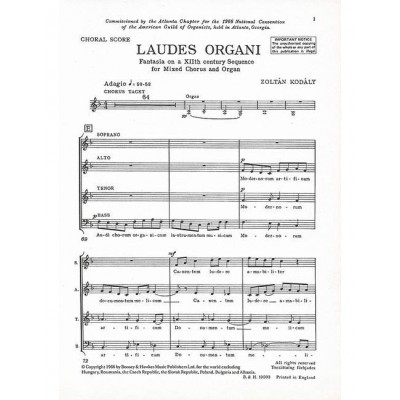 KODALY ZOLTAN - LAUDES ORGANI - MIXED CHOIR AND ORGAN