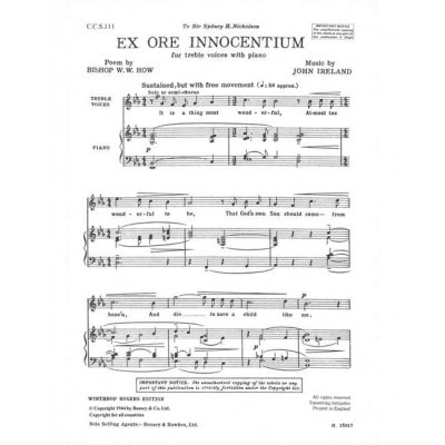  Ireland John - Ex Ore Innocentium - Female Choir Or Children's Choir And Piano