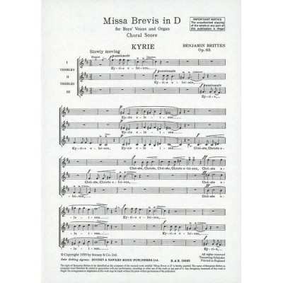 BRITTEN B. - MISSA BREVIS OP. 63 - BOYS' CHOIR AND ORGAN