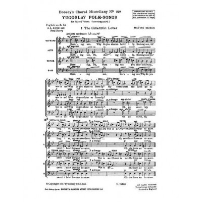 SEIBER - YUGOSLAV FOLK-SONGS NO. 229 - CHOEUR MIXTE (SATB) A CAPPELLA