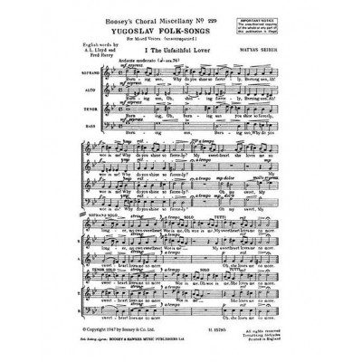 SEIBER MATYAS - YUGOSLAV FOLKSONGS - MIXED CHOIR A CAPPELLA