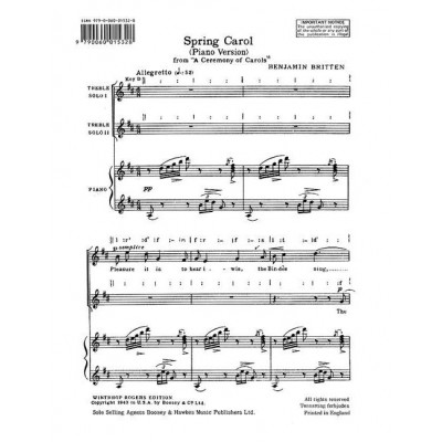 BRITTEN - A CEREMONY OF CAROLS OP. 28 - CHOEUR ENFANT (WOMEN'S CHOEUR) (SS) ET HARP (PIANO)