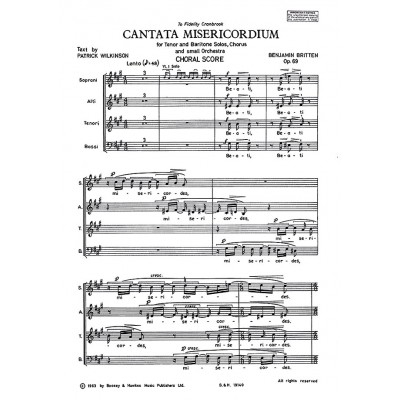 BRITTEN BENJAMIN - CANTATA MISERICORDIUM OP. 69 - MIXED CHOIR , SOLOISTS AND ORCHESTRA