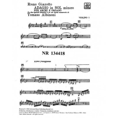 RICORDI ALBINONI T. - ADAGIO IN SOL MIN - STRING ORCHESTRA AND ORGAN