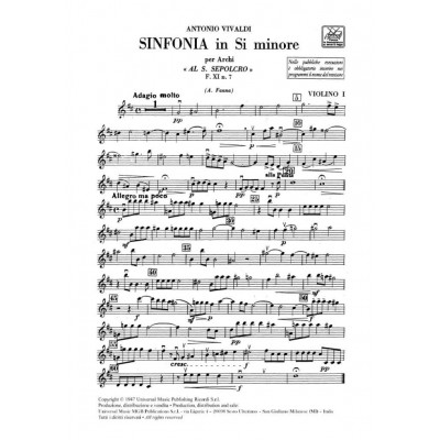 RICORDI Vivaldi A. - Sinfonie Archi E B.C.: In Si Min. RV 169