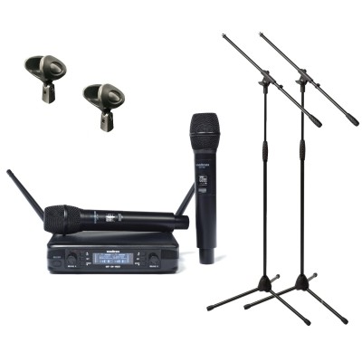 WOODBRASS Pack Micrófono Dual Multi Frecuencia UHF + Pies x 2