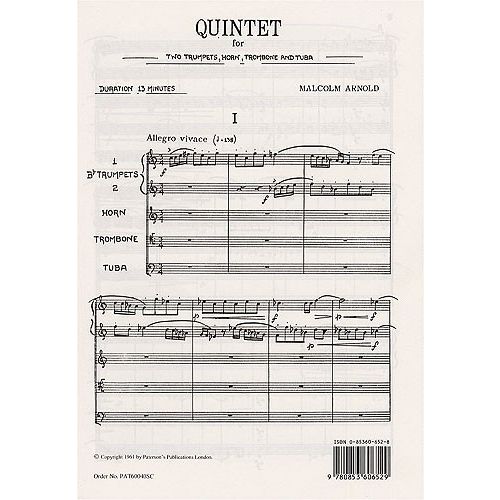 MUSIC SALES ARNOLD MALCOLM - QUINTET FOR 2 TRUMPETS, HORN, TROMBONE AND TUBA - STUDY SCORE
