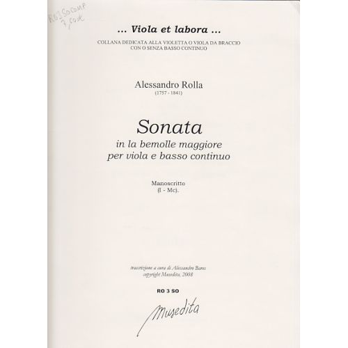 MUSEDITA ROLLA ALESSANDRO - SONATA IN LA BEMOLLE MAGGIORE - VIOLA DA BRACCIO E BC