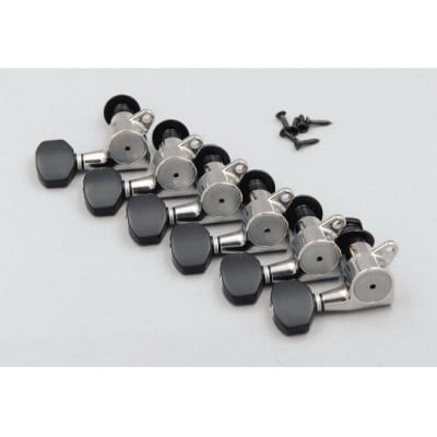 GOTOH MECANIQUES GUITARE 6 EN LIGNE NICKEL A BLOCAGE, BOUTON NOIR SATIN, DROITE